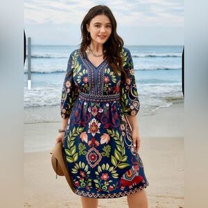 Boho Print V-neck Dress 14-16